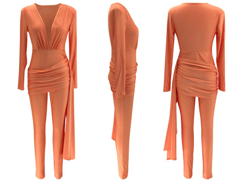 Deep V-neck jumpsuit, tight fitting long sleeved jumpsuit