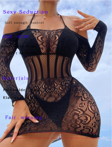 Sexy lingerie mesh dress with hollowed out backless one shoulder dress