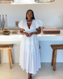 Hollow out bubble sleeves, waist cinching, pleated mid length dress