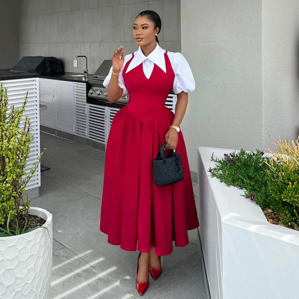 Bubble sleeve shirt collar high waisted dress