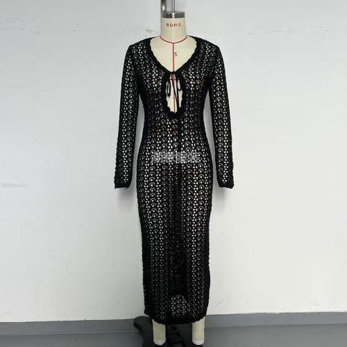 Deep V-strap hollow out long sleeved dress, hooded long skirt