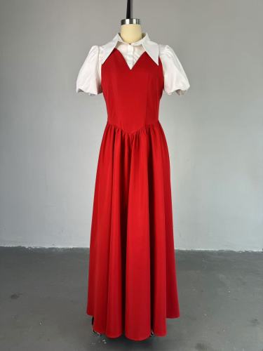 Bubble sleeve shirt collar high waisted dress