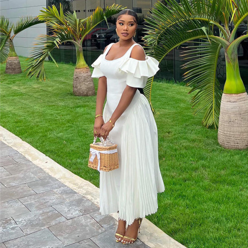 U-shaped collar, lotus leaf sleeves, high waist, oversized swing jumpsuit, long skirt