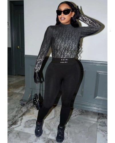 High neck gradient positioning print tight long sleeved pants set