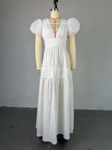 Hollow out bubble sleeves, waist cinching, pleated mid length dress