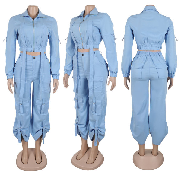 Multi pocket long sleeved pleated workwear two-piece set