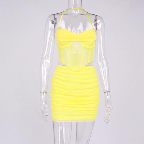 Mesh splicing hanging neck backless top and short skirt two-piece set