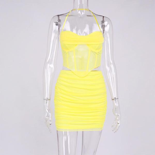 Mesh splicing hanging neck backless top and short skirt two-piece set