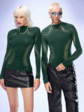 Solid color semi high neck long sleeved hollow knit top