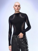 Solid color semi high neck long sleeved hollow knit top