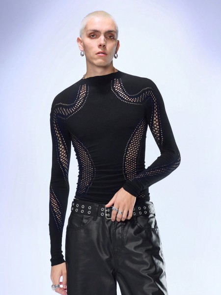 Solid color semi high neck long sleeved hollow knit top