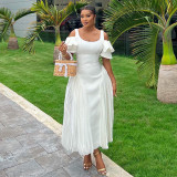 U-shaped collar, lotus leaf sleeves, high waist, oversized swing jumpsuit, long skirt