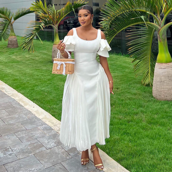 U-shaped collar, lotus leaf sleeves, high waist, oversized swing jumpsuit, long skirt