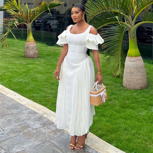 U-shaped collar, lotus leaf sleeves, high waist, oversized swing jumpsuit, long skirt