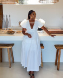 Hollow out bubble sleeves, waist cinching, pleated mid length dress