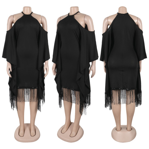 Large sequined fringe batwing sleeve elastic hip hugging dress