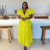 Hollow out bubble sleeves, waist cinching, pleated mid length dress