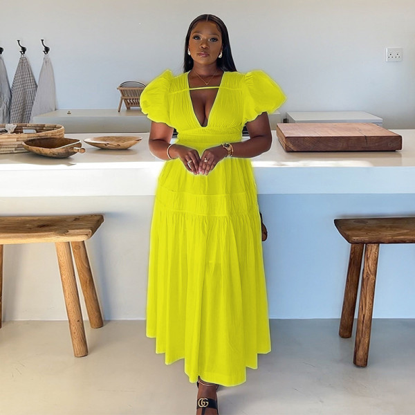 Hollow out bubble sleeves, waist cinching, pleated mid length dress