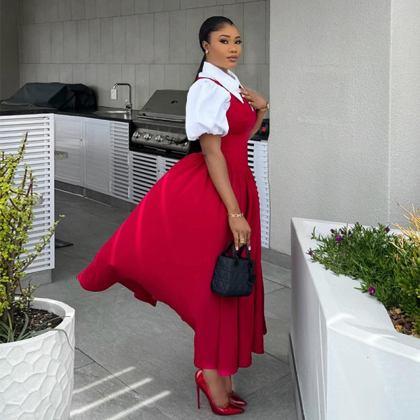 Bubble sleeve shirt collar high waisted dress