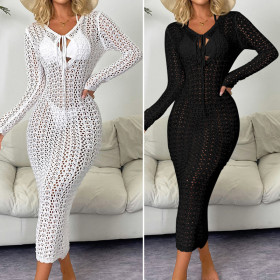 Deep V-strap hollow out long sleeved dress, hooded long skirt