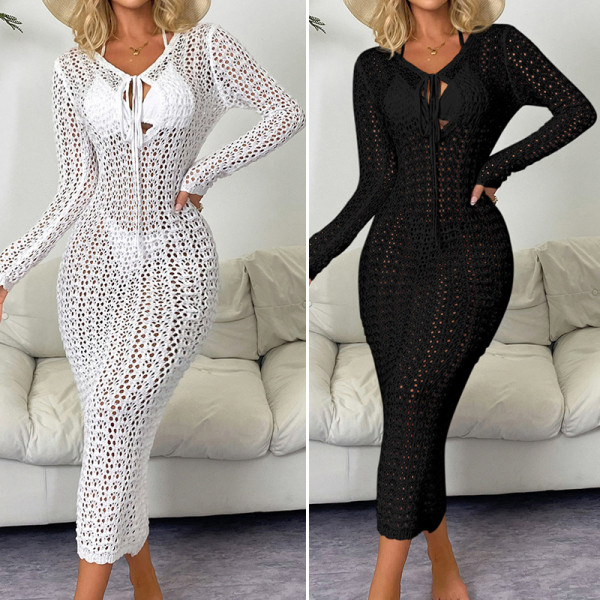 Deep V-strap hollow out long sleeved dress, hooded long skirt