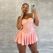 Elastic chest hugging backless zipper one shoulder pleated princess dress Elastic chest hugging backless zipper one shoulder pleated princess dress