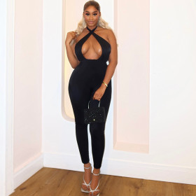 Micro elastic tight fitting sleeveless hanging neck backless jumpsuit