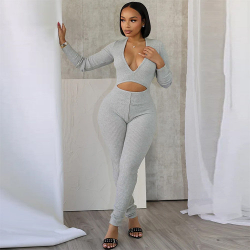 V-neck hollowed out long sleeved high stretch jumpsuit