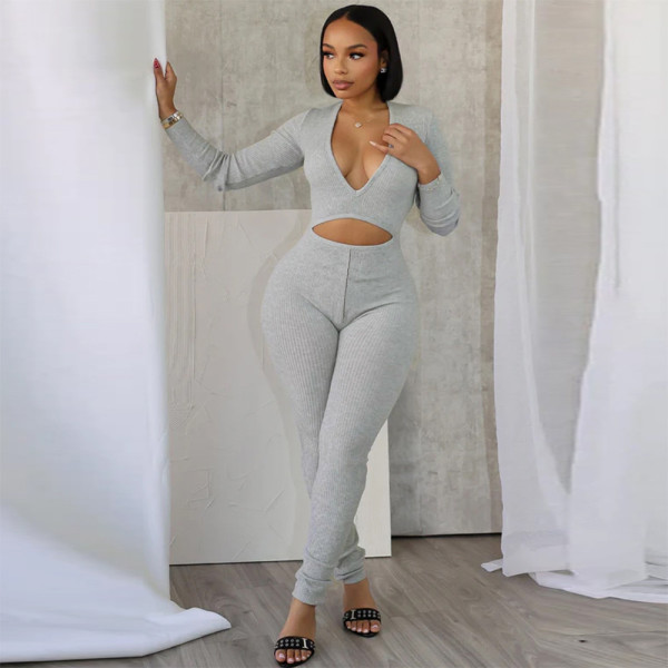 V-neck hollowed out long sleeved high stretch jumpsuit