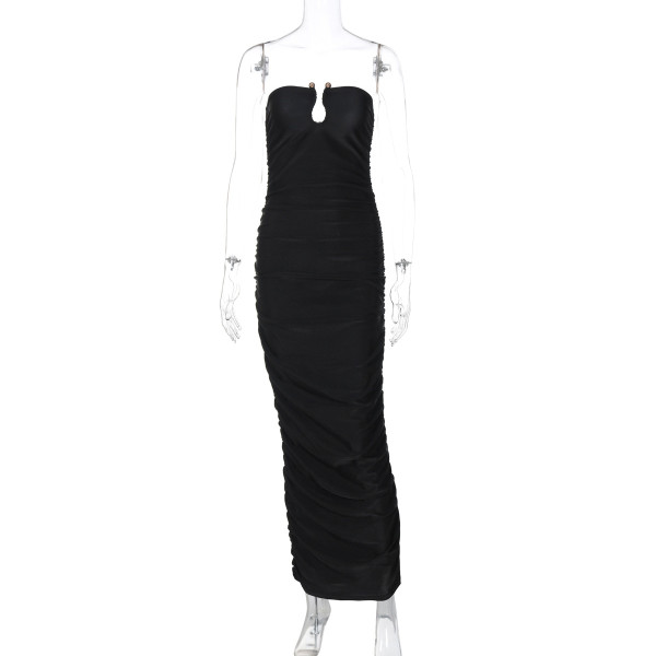V-neck back pleated solid color dress