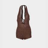 Hanging neck tie, backless jumpsuit, flared shorts