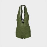 Hanging neck tie, backless jumpsuit, flared shorts