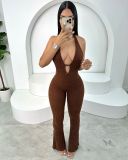 Hanging neck tie, backless jumpsuit, flared pants