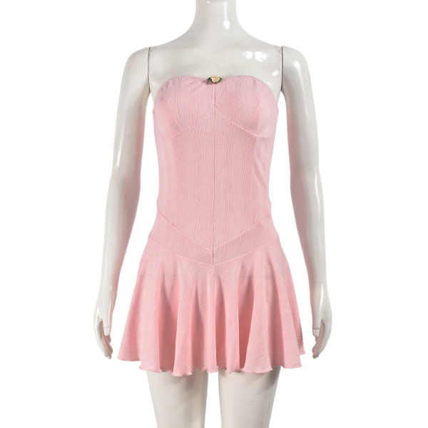 Elastic chest hugging backless zipper one shoulder pleated princess dress