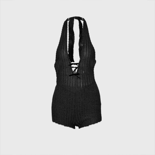 Hanging neck tie, backless jumpsuit, flared shorts