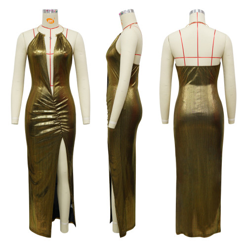 Deep V-neck high slit sleeveless party dress dress