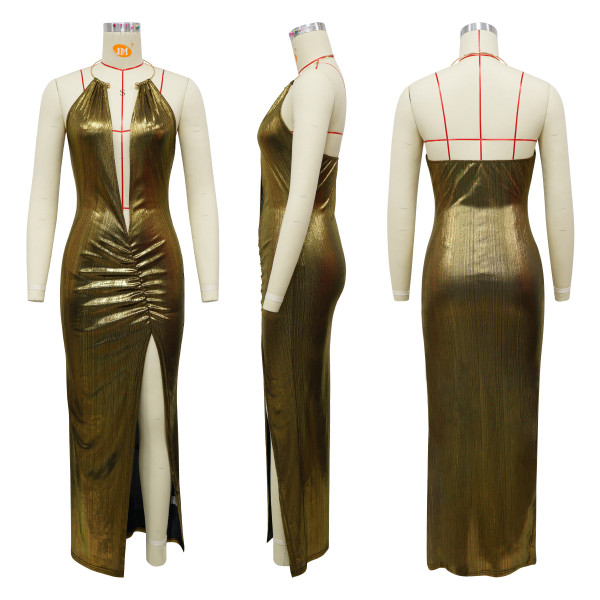 Deep V-neck high slit sleeveless party dress dress