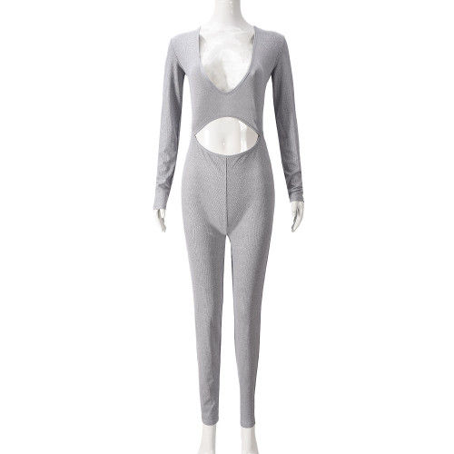 V-neck hollowed out long sleeved high stretch jumpsuit