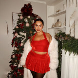 Hanging neck backless top high waist solid color bubble skirt set