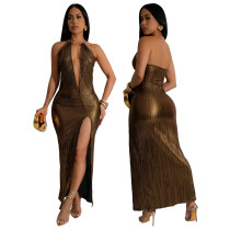 Deep V-neck high slit sleeveless party dress dress