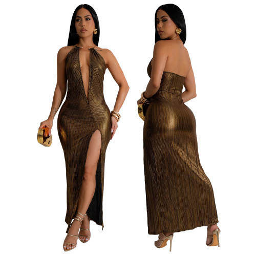 Deep V-neck high slit sleeveless party dress dress