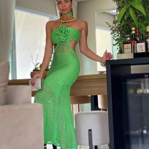 Hanging neck flower handmade long skirt, backless long knit dress