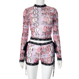 Graffiti printed lace lace round neck exposed navel lace shorts set