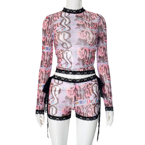Graffiti printed lace lace round neck exposed navel lace shorts set
