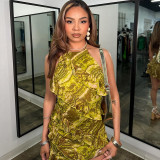 Colored printed sleeveless halter neck tied rope backless dress