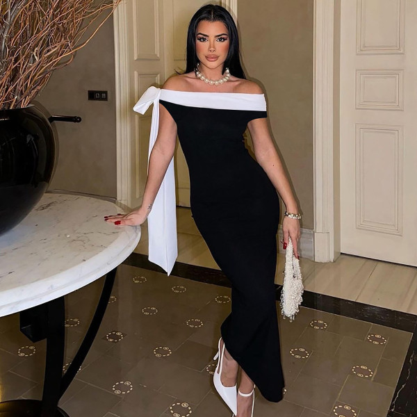 One shoulder ribbon solid color dress