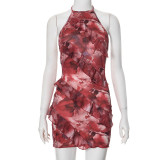 Colored printed sleeveless halter neck tied rope backless dress