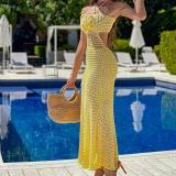 Hanging neck flower handmade long skirt, backless long knit dress