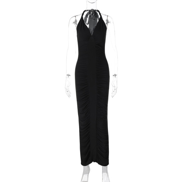 V-neck backless lace up pleated dress