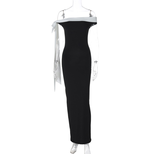 One shoulder ribbon solid color dress